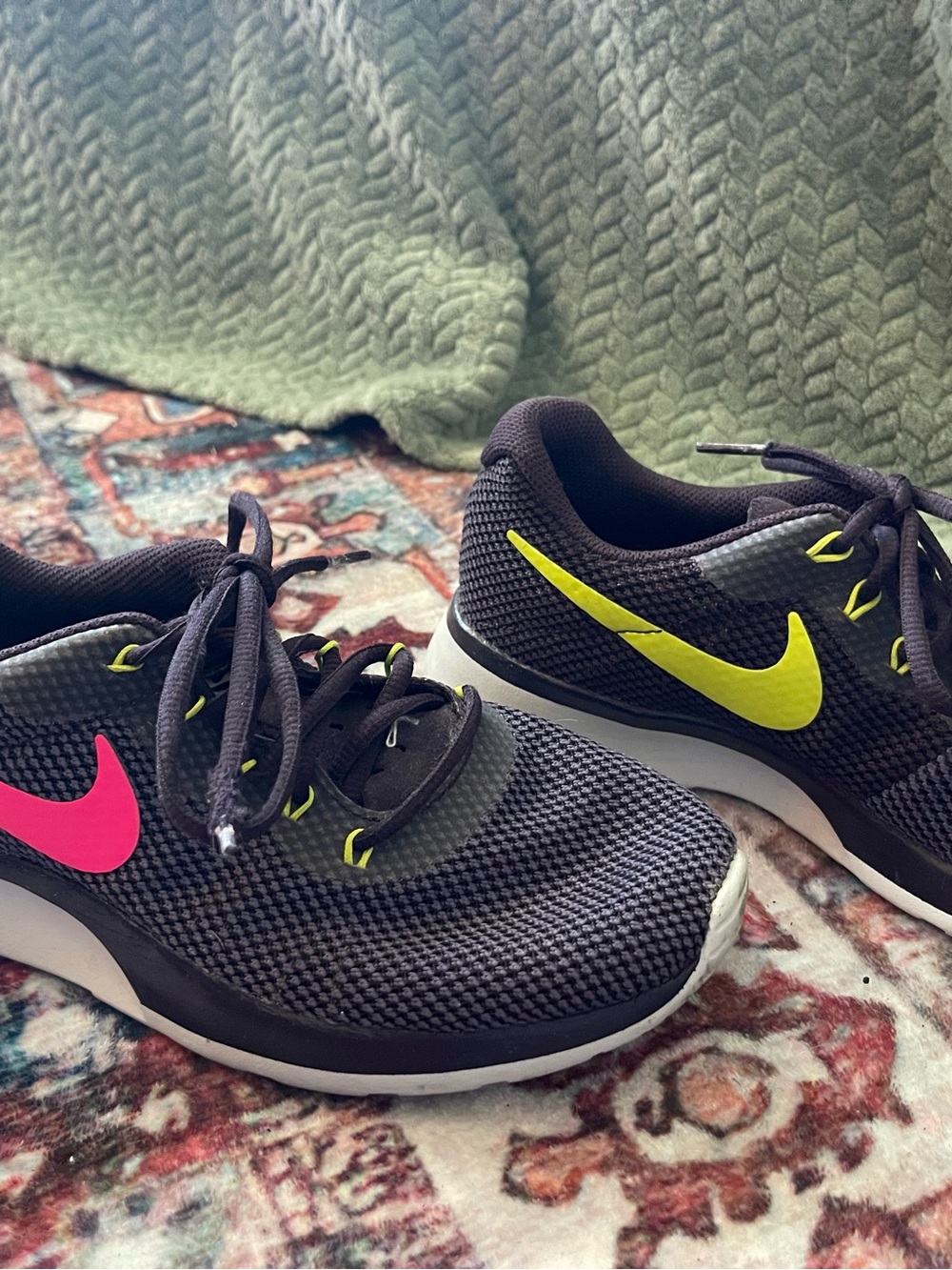 Nike Women’s Black Running Shoes with Pink & Neon Yellow Swooshes